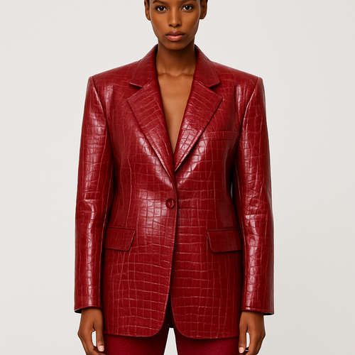 Can you make a leather oversized blazer crocodile print coming to the mid thigh in olive green with shoulder pads
Can you change it to high gloss shine and a lighter shade of olive and show it on a model with bare legs
Can you make the crocodile print more detailed and change the shade to a more shade green and pair it with the same colour mesh trousers
Can you change the colour to cherry red with matching mesh trousers that have a faint snake print design
Can you make the blazer more oversized and a deeper shade of red closer to wine and the trousers looser