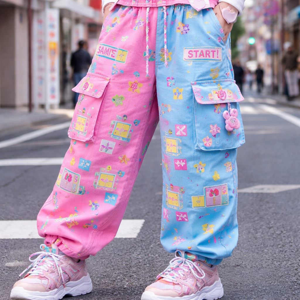 neon candy land board game themed cargo pants
Japanese Street fashion design: Neon pink and blue cotton cargo pants, oversized fit. Japanese street style with playful board game patterns, relaxed and fun.