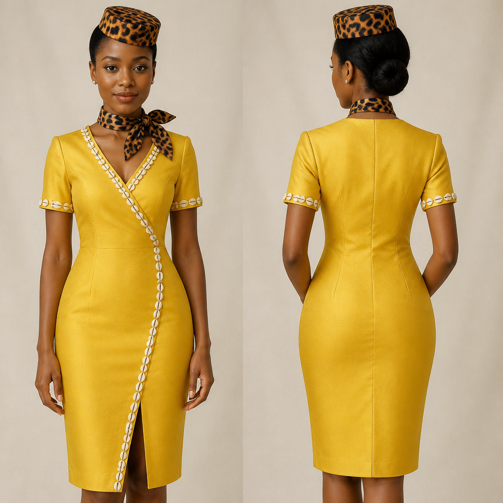 Robe hôtesse tissue jaune or avec cauris Et un chapeau style hôtesse e l’air motif panthere noir marron et un petit foulard motif panthere au cou
photorealistic fashion design, Robe hôtesse tissue jaune or avec cauris Et un chapeau style hôtesse e l’air motif panthere noir marron et un petit foulard motif panthere au cou, business style, just the design no text, show front and back
