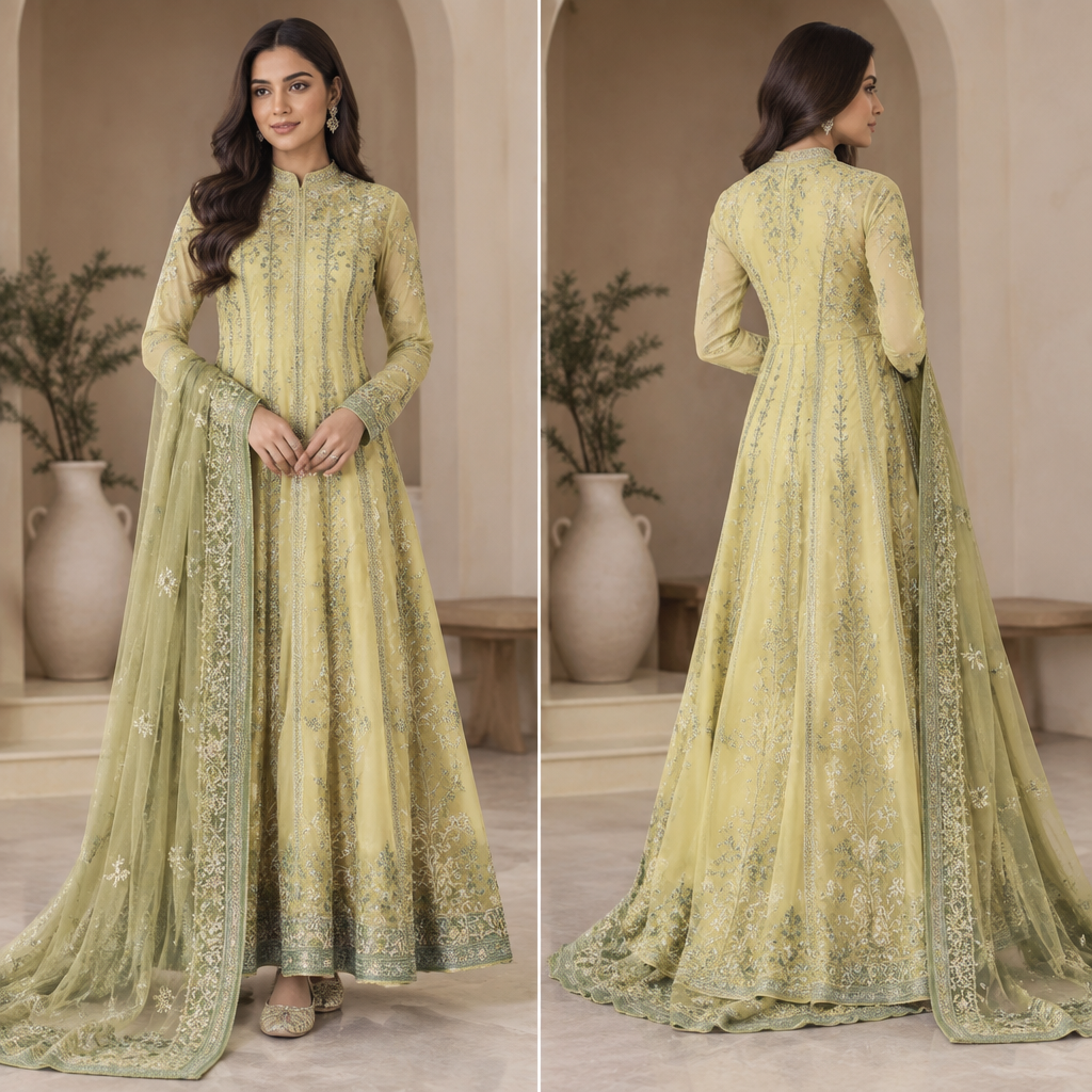 A Dress design, with modest, full coverage: longer hemlines, higher necklines and covered shoulders, suitable for Fall. es dress ko lemon or green color mao design kro or ziyada khubsurat kare elegend sa. Pakistan fashion aesthetics. Present it as professional fashion catalogue photography: the garment is the subject, shown full-length with editorial styling, neutral posing and tasteful, non-suggestive framing.
photorealistic fashion design, A Dress design, with modest, full coverage: longer hemlines, higher necklines and covered shoulders, suitable for Fall. es dress ko lemon or green color mao design kro or ziyada khubsurat kare elegend sa. Pakistan fashion aesthetics. Present it as professional fashion catalogue photography: the garment is the subject, shown full-length with editorial styling, neutral posing and tasteful, non-suggestive framing., just the design no text, show front and back