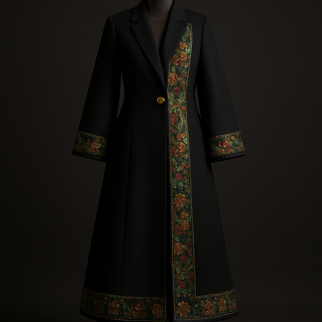 Prompt:
Create a high photorealistic render of a formal blazer-gown (blazer‑) for women,-length (approx. 135–145 cm from shoulder). Notched lapel, –9 cm wide. Lightly structured shoulders, kimono-style extended sleeves with fitted wrist cuffs. Single visible matte gold metal shank button (22–24 mm) at the waist with a subtle polished rim. No pockets, no mirrors or extra embellishments. Fabric: heavy black crepe or wool‑silk blend with satin lining. Embroidery: a vertical decorative panel (12–18 cm wide) running from the shoulder seam down the front edge to the hem, plus a 6–10 cm embroidered band along the hem and matching cuff embroidery. Color palette: emerald green, deep merlot, and warm metallic gold threads; metallic gold should include hand‑like zardozi highlights to catch light. Construction details: single-button front closure, slight A-line drape, reinforced interfacing at button area to support embroidery weight. Presentation: display on a dark wooden mannequin with the front opened slightly (20–30°). Lighting: soft top-down directional light that emphasizes the metallic gold thread sheen and fabric texture; add a subtle rim light to define the silhouette. Shots requested: full-length front view, 3/4 view, and a close-up detail of the embroidery and button. Mood: elegant, regal, modern. Color references (optional): black #000000, emerald #046f4a, merlot #6e1b2a, gold #d4af37. Render style: photorealistic fashion catalog — crisp textures, true-to-life metallic reflections, shallow depth of field for detail shots.
Prompt:
Create a high photorealistic render of a formal blazer-gown (blazer‑) for women,-length (approx. 135–145 cm from shoulder). Notched lapel, –9 cm wide. Lightly structured shoulders, kimono-style extended sleeves with fitted wrist cuffs. Single visible matte gold metal shank button (22–24 mm) at the waist with a subtle polished rim. No pockets, no mirrors or extra embellishments. Fabric: heavy black crepe or wool‑silk blend with satin lining. Embroidery: a vertical decorative panel (12–18 cm wide) running from the shoulder seam down the front edge to the hem, plus a 6–10 cm embroidered band along the hem and matching cuff embroidery. Color palette: emerald green, deep merlot, and warm metallic gold threads; metallic gold should include hand‑like zardozi highlights to catch light. Construction details: single-button front closure, slight A-line drape, reinforced interfacing at button area to support embroidery weight. Presentation: display on a dark wooden mannequin with the front opened slightly (20–30°). Lighting: soft top-down directional light that emphasizes the metallic gold thread sheen and fabric texture; add a subtle rim light to define the silhouette. Shots requested: full-length front view, 3/4 view, and a close-up detail of the embroidery and button. Mood: elegant, regal, modern. Color references (optional): black #000000, emerald #046f4a, merlot #6e1b2a, gold #d4af37. Render style: photorealistic fashion catalog — crisp textures, true-to-life metallic reflections, shallow depth of field for detail shots., show front and back