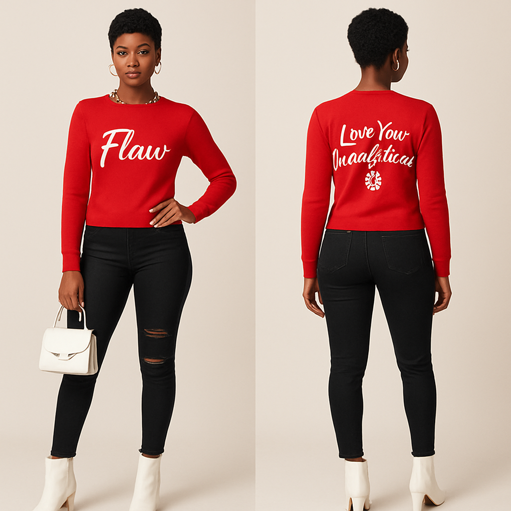 Black woman
Pixie cut
Red Long sleeve sweater shirt on the front it says Flaw in white in cursive and on the back it says in white Love Your Imperfections 🌹
Tight black ripped jeans
White boot heels
Good jewelry
White purse
Black woman
Pixie cut
Red Long sleeve sweater shirt on the front it says Flaw in white in cursive and on the back it says in white Love Your Imperfections 🌹
Tight black ripped jeans
White boot heels
Good jewelry
White purse
, show front and back