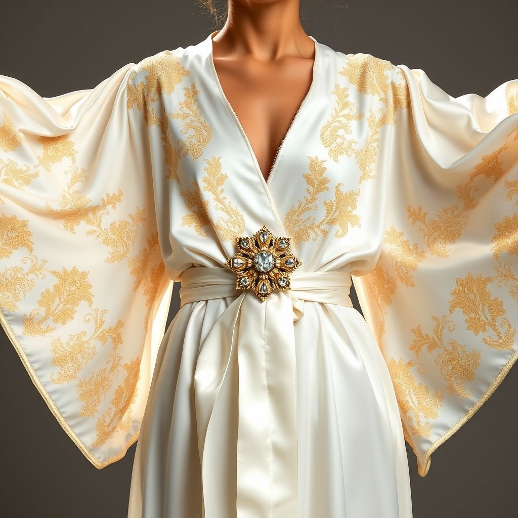 Flowy white satin robe with gold embroidery
Imagine an ethereal flowy white satin robe, elegantly draped with cascading sleeves that flutter gracefully with movement. Adorn it with intricate gold embroidery, weaving delicate patterns reminiscent of vintage opulence. Accentuate the waist with a silk sash, and pair with a shimmering gold brooch, embodying timeless elegance and sophisticated allure.