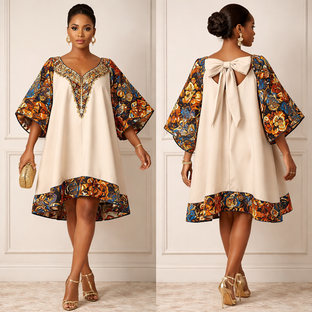 Create a photo of abeautiful short bubu gown made with a 20%Ankara and 80%plain material
Create a photo of abeautiful short bubu gown made with a 20%Ankara and 80%plain material, classic style, show front and back