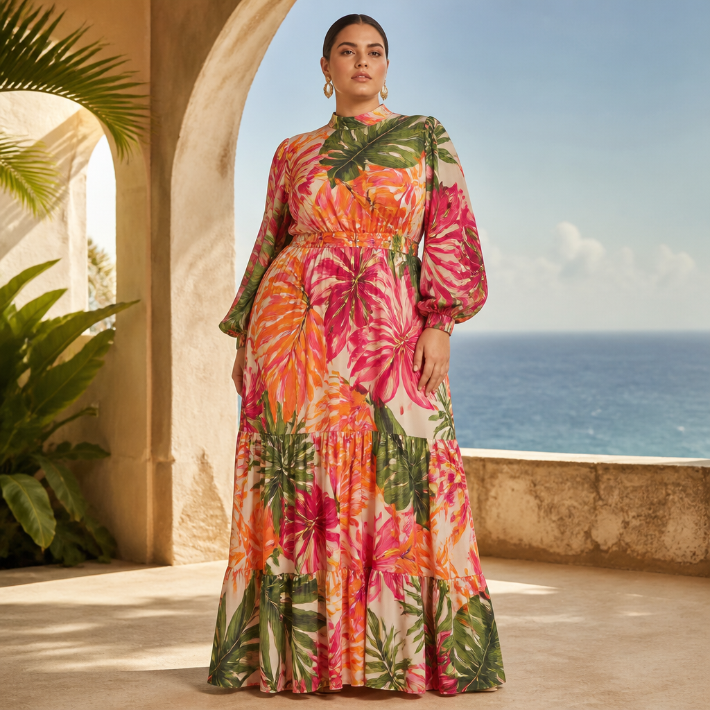 A Female Dress design, with modest, full coverage: longer hemlines, higher necklines and covered shoulders, suitable for Spring. Consider Brazilian fashion — bold colors, body-positive, beachwear influence, tropical prints, carnival vibrancy. Current season is Spring in Brazil. Present it as professional fashion catalogue photography: the garment is the subject, shown full-length with editorial styling, neutral posing and tasteful, non-suggestive framing.
photorealistic fashion design, A Female Dress design, with modest, full coverage: longer hemlines, higher necklines and covered shoulders, suitable for Spring. Consider Brazilian fashion — bold colors, body-positive, beachwear influence, tropical prints, carnival vibrancy. Current season is Spring in Brazil. Present it as professional fashion catalogue photography: the garment is the subject, shown full-length with editorial styling, neutral posing and tasteful, non-suggestive framing., just the design no text