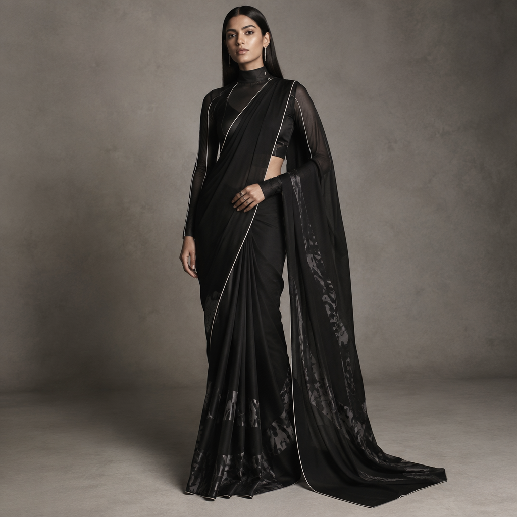 A Saree design, in Health Goth style. black color. Pakistan fashion aesthetics. Present it as professional fashion catalogue photography: the garment is the subject, shown full-length with editorial styling, neutral posing and tasteful, non-suggestive framing.
photorealistic fashion design, A Saree design, in Health Goth style. black color. Pakistan fashion aesthetics. Present it as professional fashion catalogue photography: the garment is the subject, shown full-length with editorial styling, neutral posing and tasteful, non-suggestive framing., health_goth style, just the design no text