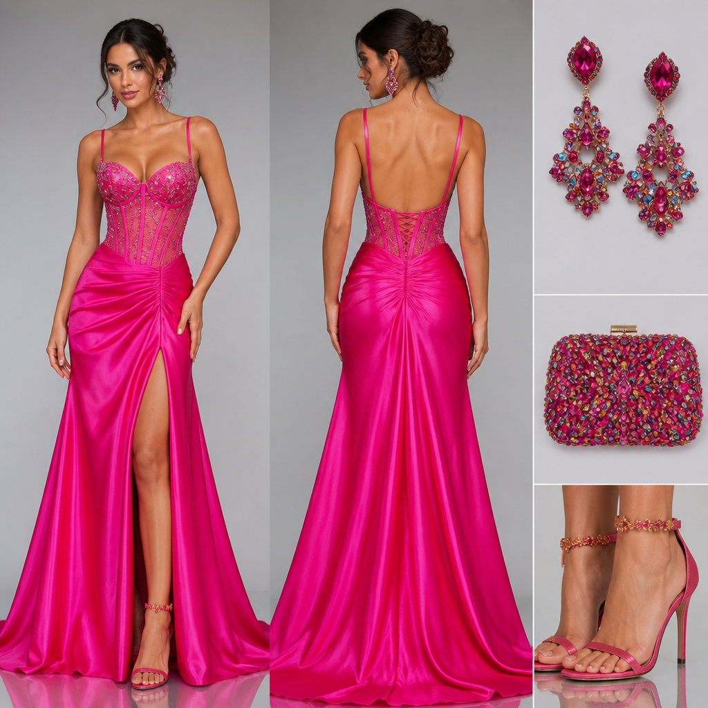 Hot pink prom dress with accessories
photorealistic fashion design, Hot pink prom dress with accessories, colorful style, just the design no text, show front and back