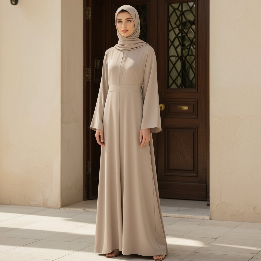Abaya
Classic fashion: Abaya, modest, floor-length, long sleeves, simple straight cut, neutral color.