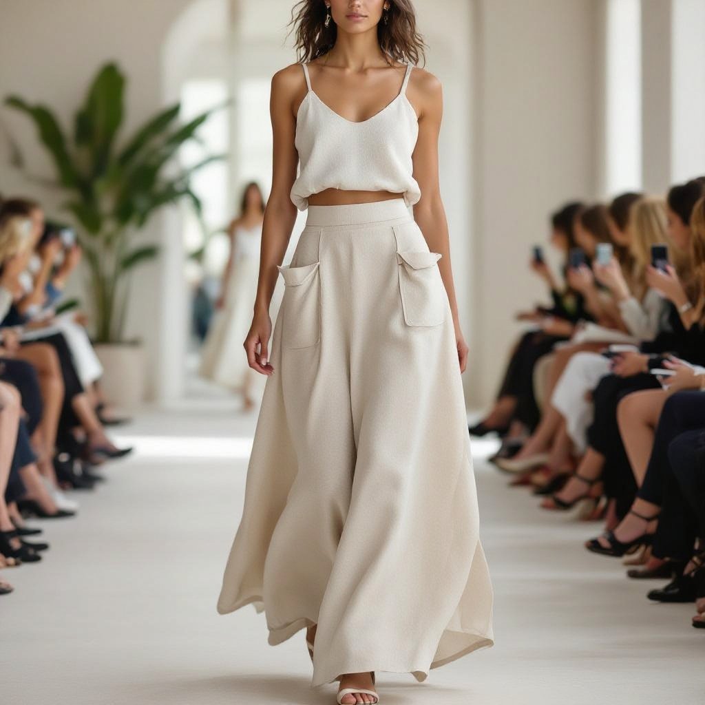 A maxi skirt with pockets on both sides
A soft linen, high-waisted, A-line maxi skirt in beige with two side pockets.