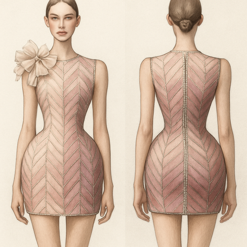 A Realistic fashion illustration of mini dress. The silhouette is structured and exaggerated hips and a defined waist. The dress features a herringbone pattern that runs from the bust to the hem — each line in the herringbone made of a different color, transitioning through soft, elegant shades of ivory blush, petal pink, rose quartz, muted mauve, and dusty rose.Each edge of the herringbone panels is lined with cup-chain detailing that subtly reflects light. There are six delicate bows made of light ivory organza arranged along the left shoulder, giving a feminine, girly accent to the clean, sculptural design.The back has a stone zipper running from top to bottom for closure, and the overall vibe is soft, classy, and fashion-forward. the hip curve is intentionally pronounced