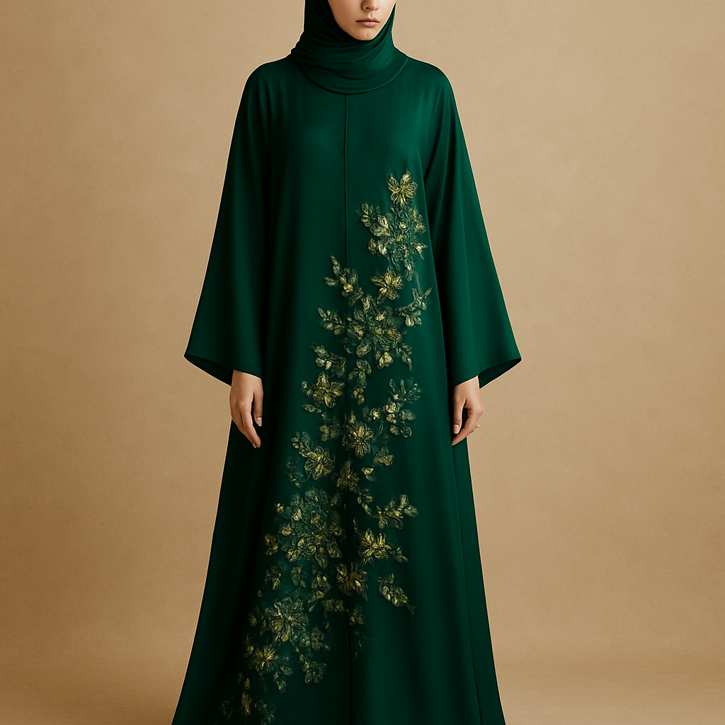 Create me an abaya based on these descriptions.             The Emerald Garden Abaya
Tone: Rich Emerald Green
Design:
Couture floral appliqués in emerald and gold, softly arranged diagonally from waist to hem.
Embellishment:
Hand-set gold crystals and glass beads woven within the flowers.
Vibe:
Regal, graceful, soft shine.
Make four designs in rich colors 

Create me an abaya based on these descriptions.             The Emerald Garden Abaya
Tone: Rich Emerald Green
Design:
Couture floral appliqués in emerald and gold, softly arranged diagonally from waist to hem.
Embellishment:
Hand-set gold crystals and glass beads woven within the flowers.
Vibe:
Regal, graceful, soft shine.
Make four designs in rich colors 