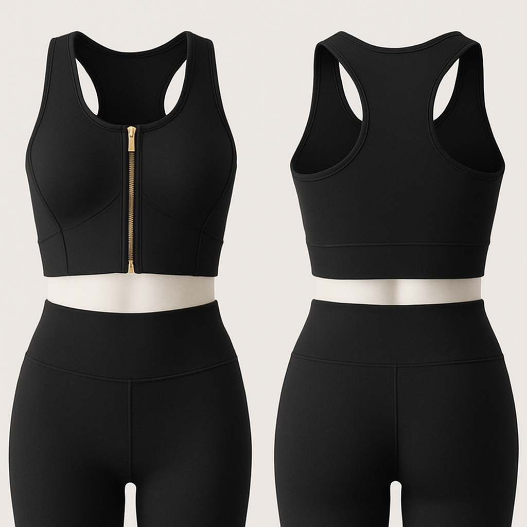 Gym wear with gold zip at the front some lines at the front between the boobs area both sides
Gym wear with gold zip at the front some lines at the front between the boobs area both sides, minimalist style, show front and back