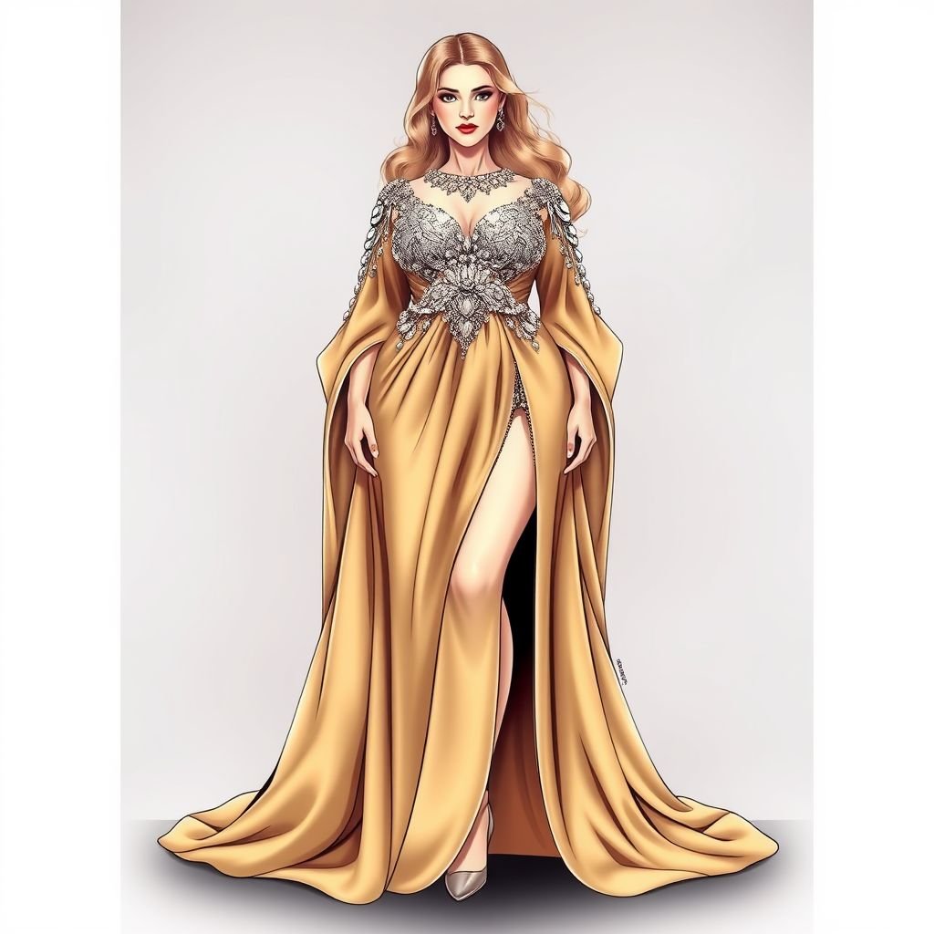 Plus size dress Woman
Design an eye-catching, glamorous plus-size evening gown featuring luxurious silk drapes that cascade elegantly to the floor. Incorporate intricate beadwork and sequined embellishments that shimmer under the lights, and a daring thigh-high slit to enhance movement. Accentuate the waist with a jeweled belt for added sophistication. Perfect for a red-carpet entrance!