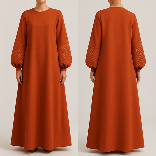 modern, A-line abaya in a bold color. Features statement sleeves and minimalist, geometric embroidery. Stylish, modest, and perfect for everyday wear. And that is not out there yet. Making the designs high end that will stand out for my clothing brand “The Modest Fleur