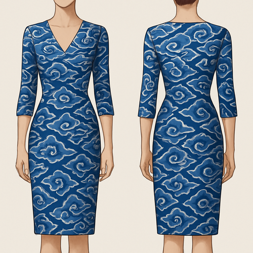 please design a v neck dress with 7/8 sleeve with megamendung batik pattern that makes me look slim 