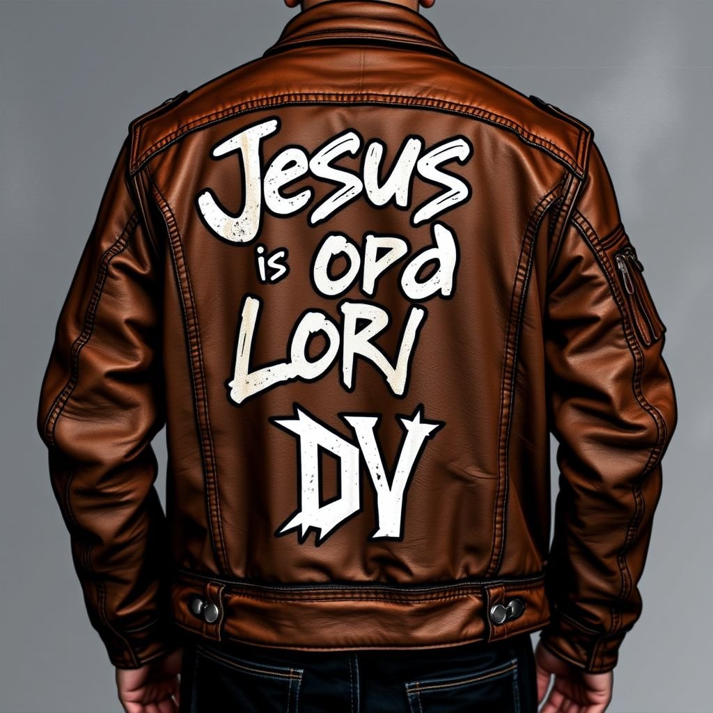 Create a brown leather jacket with “Jesus is Lord” embroidered on the back, with a “DV” on the front
Design an edgy streetwear brown leather jacket, featuring oversized silhouettes and a relaxed fit. The back showcases bold graffiti-style embroidery of “Jesus is Lord,” while the front sports a striking, minimalist “DV” emblem. Accentuate with distressed details, utility pockets, and street-inspired patchwork to capture urban rebellious spirit.