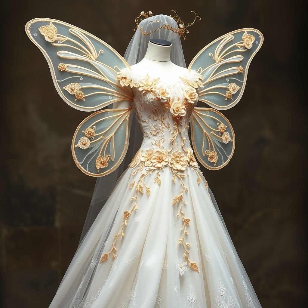 Sexy inspired royal gown, white, gold accessories, intricate details, and veil
Design a fairycore-inspired royal gown featuring flowing layers of ethereal white fabric adorned with delicate lace and shimmering gold embroidery. Incorporate translucent butterfly wings as sleeves, with intricate floral appliques cascading down the bodice. A whimsical veil, entwined with golden vines and tiny blossoms, completes this enchanting ensemble fit for a modern fairy queen.
