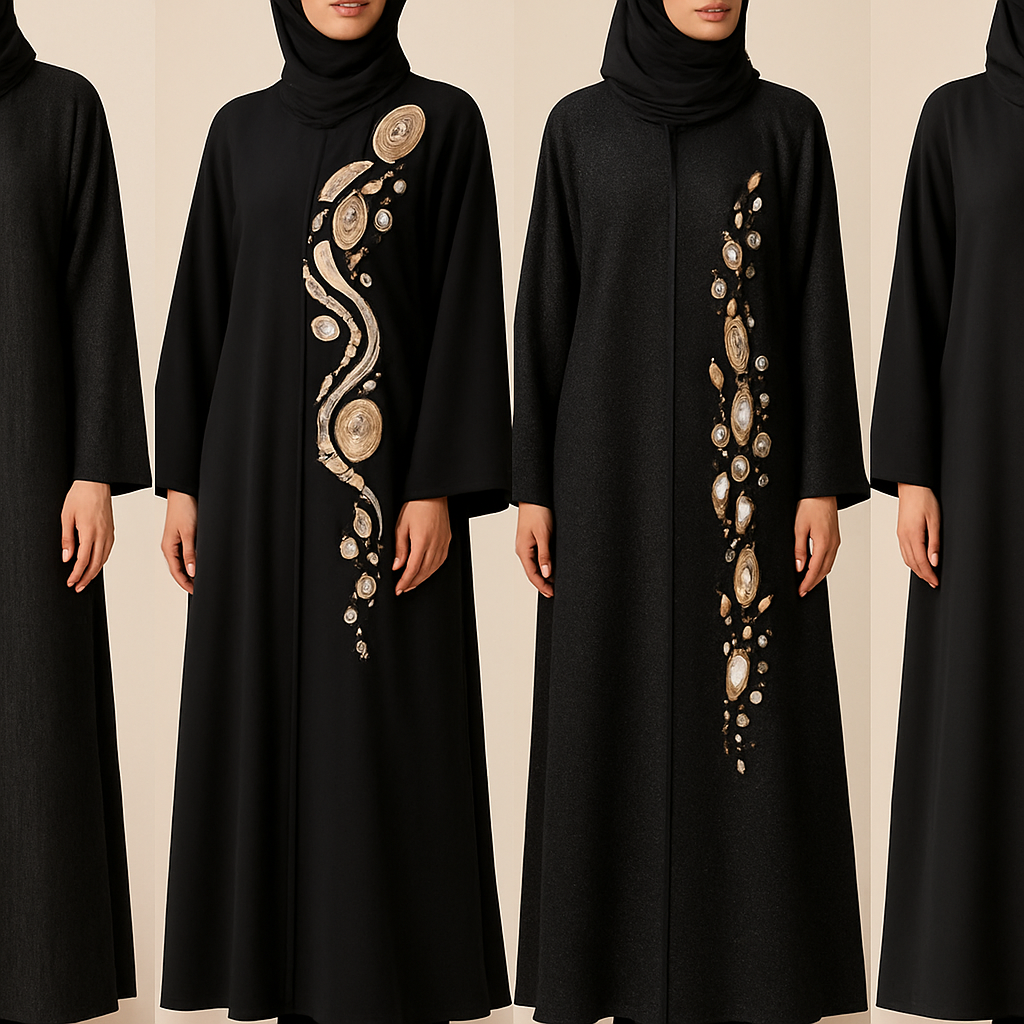 Create a modest abaya, first of its kind, featuring a unique stone design that exudes a classy and sophisticated vibe. I'd like four designs, each showcasing different styles and fabrics. Incorporate high-end, unique chic stone designs to make them truly special. Add little sophisticated stone designs. Make it irresistible 

Create a modest abaya, first of its kind, featuring a unique stone design that exudes a classy and sophisticated vibe. I'd like four designs, each showcasing different styles and fabrics. Incorporate high-end, unique chic stone designs to make them truly special. Add little sophisticated stone designs. Make it irresistible 