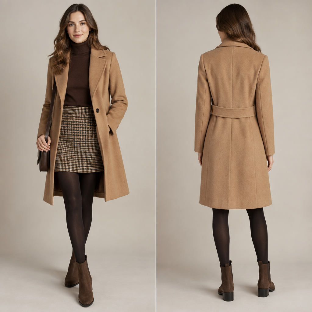 An American woman with brown hair wears a thin brown turtleneck sweater with a brown houndstooth skirt with black tights and a camel wool coat with brown suede Chelsea boots
photorealistic fashion design, An American woman with brown hair wears a thin brown turtleneck sweater with a brown houndstooth skirt with black tights and a camel wool coat with brown suede Chelsea boots , light_academia style, just the design no text, show front and back