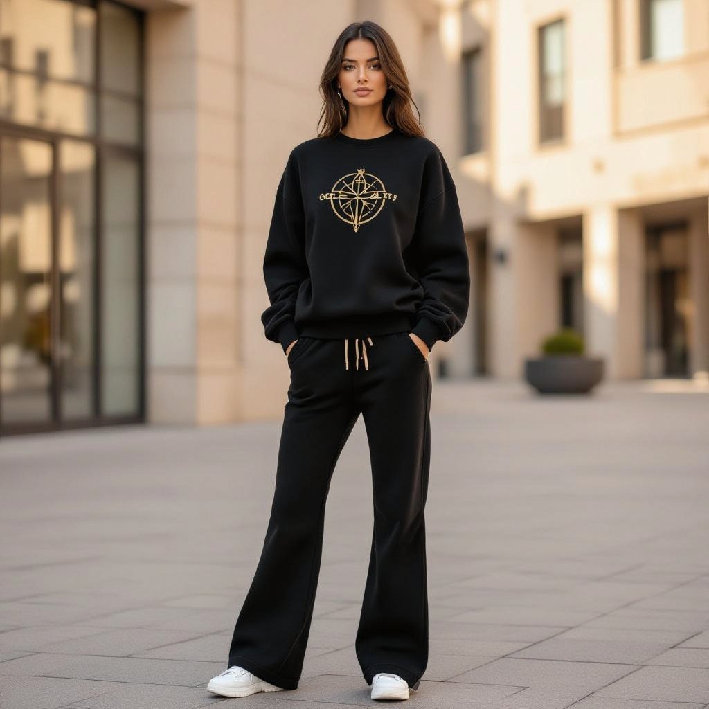 mock design portfolio for winter. black with white fleeced lining crew neck and flare baggy sweatpant. beige with gold outline embroidery logo with God over earth symbol in a unique way
Warm Black fleece-lined crew neck, paired with flare baggy black sweatpants. The crew neck features a unique beige logo with a gold outline, showcasing a God-over-Earth symbol.