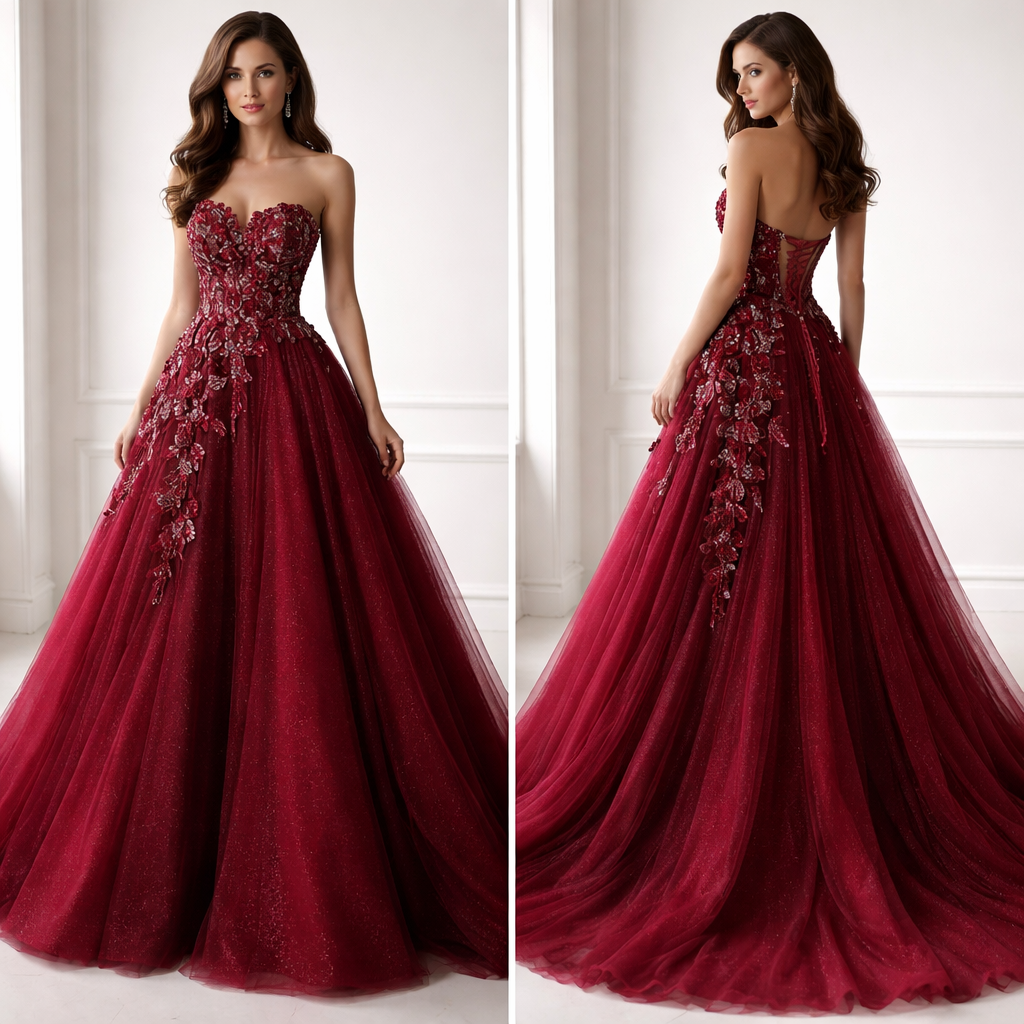 I would like to design a prom dress. Burgundy colour, something that doesn’t show much cleavage, floral bead works that is unique and couture, full length, A-line neckline , can be strapless or with straps, gives an hourglass figure and something that will stand out and wow the crowd. I like the couture designs from Corte Couture. No fully beaded, maybe on the side or just on the top.
I would like to design a prom dress. Burgundy colour, something that doesn’t show much cleavage, floral bead works that is unique and couture, full length, A-line neckline , can be strapless or with straps, gives an hourglass figure and something that will stand out and wow the crowd. I like the couture designs from Corte Couture. No fully beaded, maybe on the side or just on the top. , glamorous style, show front and back