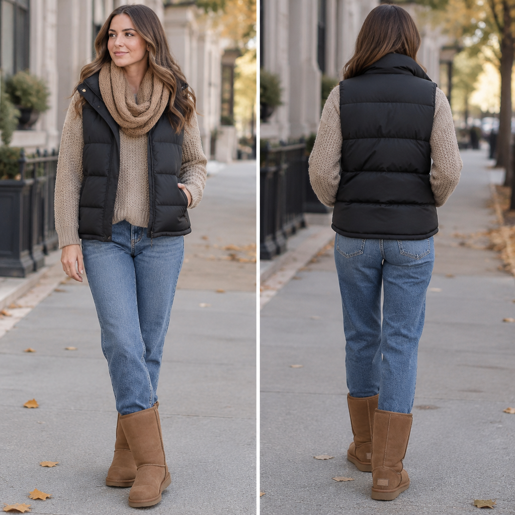 An American woman with brown hair wears a dark beige chunky knit sweater with mid wash straight leg blue jeans and a black puffer vest with Classic Long Ugg boots and a camel infinity scarf
photorealistic fashion design, An American woman with brown hair wears a dark beige chunky knit sweater with mid wash straight leg blue jeans and a black puffer vest with Classic Long Ugg boots and a camel infinity scarf , fall style, just the design no text, show front and back