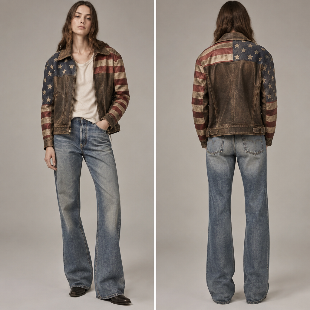 A Female Jacket design, in Americana style. что то между гранж и Даунтаун Present it as professional fashion catalogue photography: the garment is the subject, shown full-length with editorial styling, neutral posing and tasteful, non-suggestive framing.
photorealistic fashion design, A Female Jacket design, in Americana style. что то между гранж и Даунтаун Present it as professional fashion catalogue photography: the garment is the subject, shown full-length with editorial styling, neutral posing and tasteful, non-suggestive framing., americana style, just the design no text