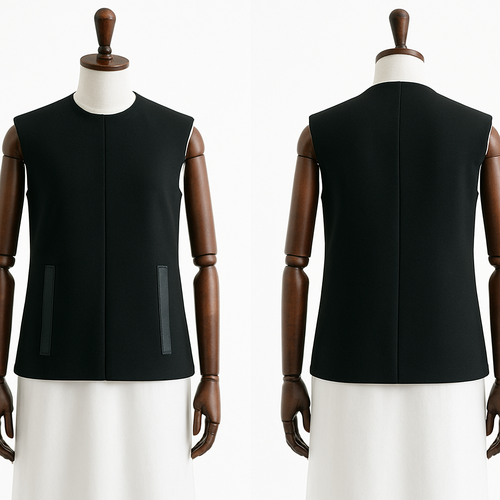 ‏"Minimalist sleeveless hip-length black sedri above white thawb on a luxurious wooden mannequin, clean lines, matte leather appliqué details, high-key white background for e-commerce, even softbox lighting, front and 3/4 frame, extremely sharp detail --ar 2:3 --v 5 --q 2"
