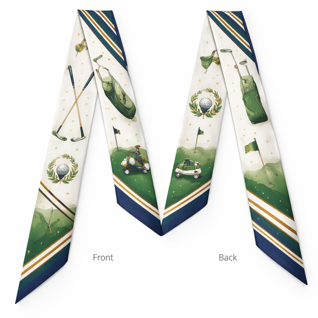 Create a silk scarf 5x86cm that is timeless for Golf lovers. PGA colors more simple with no words or logos with a feminine touch but no bows
Create a silk scarf 5x86cm that is timeless for Golf lovers. PGA colors more simple with no words or logos with a feminine touch but no bows , classic style, show front and back