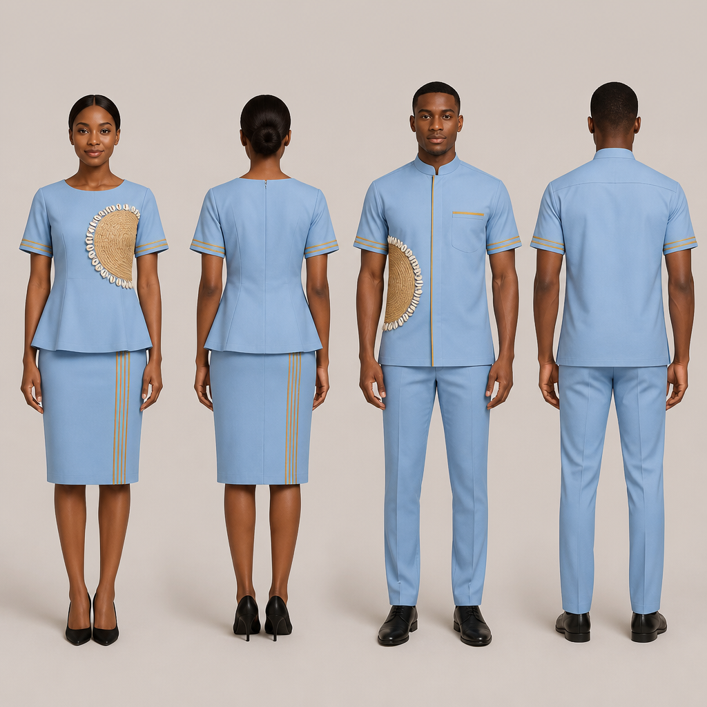 Ensemble jupe droite et le haut a une découpe trapèze vers le bas du haut pour hôtesse restaurant , couleur du vêtement bleu ciel avec un design tissu en paille et cauris sur le vêtement, et des petits traits jaune moutarde sur la jupe et sur les manches. De même pour l’homme chemise et pantalon
photorealistic fashion design, Ensemble jupe droite et le haut a une découpe trapèze vers le bas du haut pour hôtesse restaurant , couleur du vêtement bleu ciel avec un design tissu en paille et cauris sur le vêtement, et des petits traits jaune moutarde sur la jupe et sur les manches. De même pour l’homme chemise et pantalon , uniform style, just the design no text, show front and back