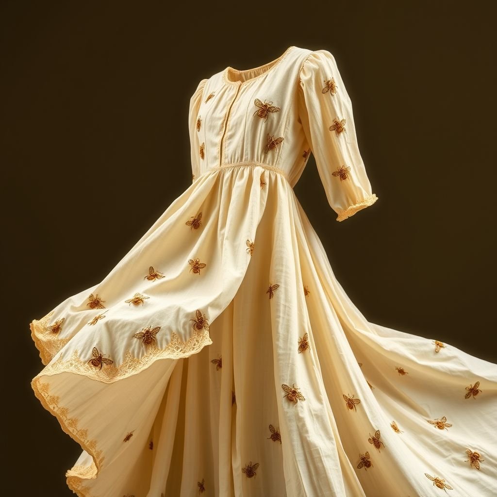 A honey bee & honey comb themed spring day dress.
Envision an artisanal spring day dress inspired by honey bees and honeycomb. The gown features delicate hand-embroidered bees on organic cotton, with a flowing silhouette that mimics the gentle curves of honeycomb. Accentuated by earthy tones and textured, handcrafted details, the dress embodies sustainable elegance, celebrating nature’s exquisite artistry.