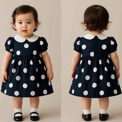 一歳の女の子着用画
暗い紺色ベースに大きめの白い水玉模様の
ロカビリーワンピース
他はセンスよくお任せで