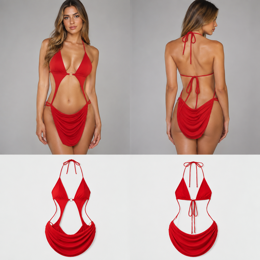 Make a model wear a very revealing skirt dress which is red
photorealistic fashion design, Make a model wear a very revealing skirt dress which is red, just the design no text, show front and back