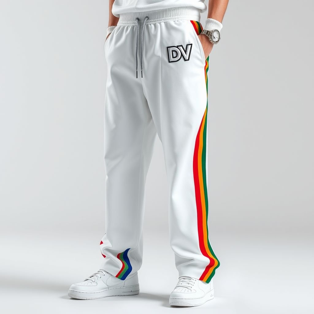 Manfinity EMRG Men Simple Solid Color Spliced Front Tie Casual Straight Leg Pants, Rainbow Strip, Side Opening Design White Pants, Hip Hop Long Baggy Pants, For Husband, Boyfriend Gifts Retro Pants For Menmen's Track Pantsstreet Wear Pantsy2k Pants Meny2k Pants For Men. With DV on pocket
Design a pair of streetwear-inspired, hip-hop aesthetic pants that blend retro and modern vibes. Featuring simple solid color splicing with a striking rainbow stripe, these white, baggy, straight-leg pants showcase a unique side opening design. Accentuate with bold DV logo detailing on the pocket, perfect for fashion-forward men.
