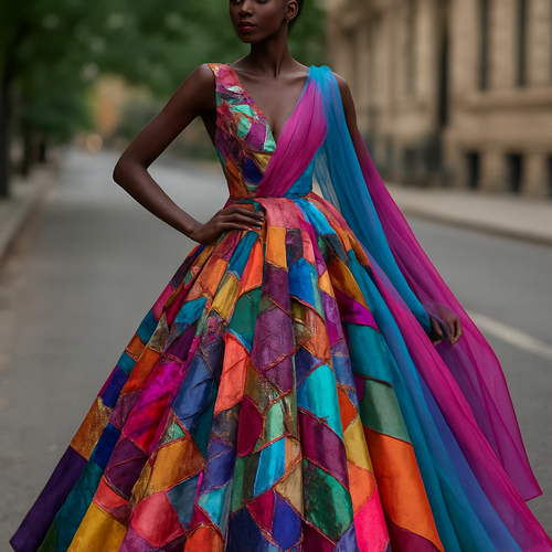 I want to Create one of kind colorful gown made from scrap fabric with iridescent touches and design with a colorful two tone chiffon for high end fashionista that will give it a sophisticated and gorgeous look on a real human dark skin modeling it on the roadside of a street