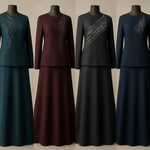 Create me modest two piece that's first in the world, using unique stone design, classy and sophisticated. Keep me 4 designs. Make them rich by adding minimal stone embroidery and stones designs. Showcasing different styles and fabric.