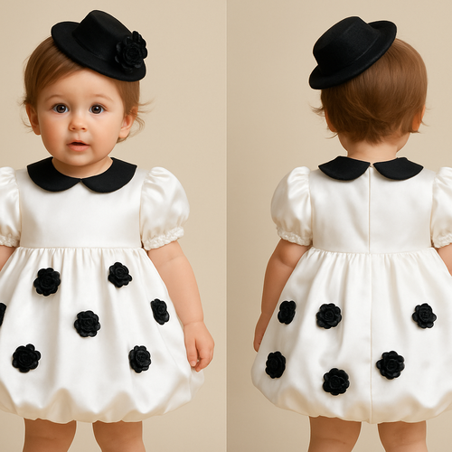 一歳の女の子着用画
白のサテンドレス、襟は丸くて黒、バルーンスカートで丈は膝上
パフスリーブ(ボリュームあり)
サテンの黒の小さなバラを前側と後ろ側にたくさんつけて
頭には黒のカクテルハット
