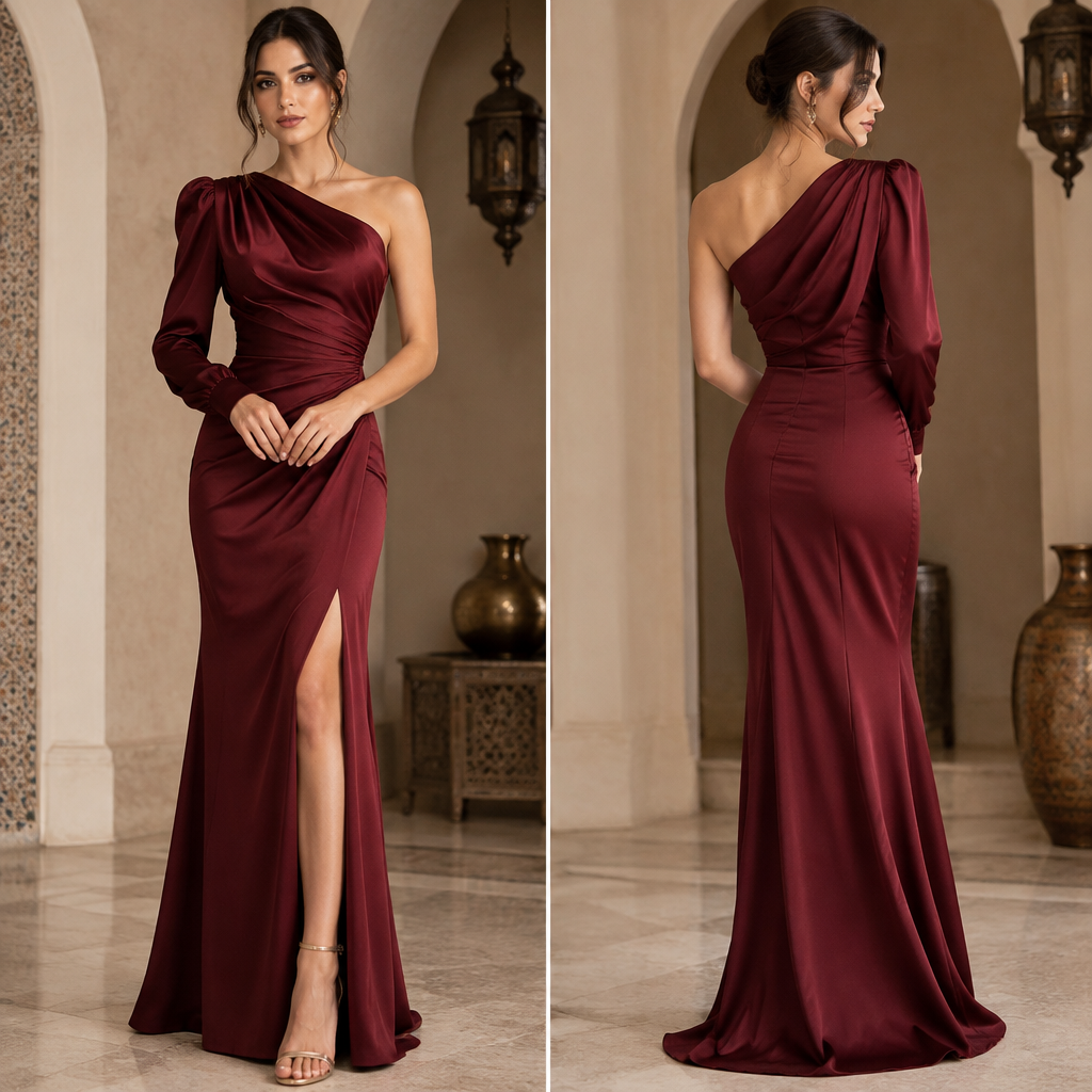 A Female Dress design, with modest, full coverage: longer hemlines, higher necklines and covered shoulders, suitable for Fall. فستان ضيق مشقوق من الركبة لون بركندي الصدر نصف كتف قماش حريري. Algeria fashion aesthetics. Present it as professional fashion catalogue photography: the garment is the subject, shown full-length with editorial styling, neutral posing and tasteful, non-suggestive framing.
photorealistic fashion design, A Female Dress design, with modest, full coverage: longer hemlines, higher necklines and covered shoulders, suitable for Fall. فستان ضيق مشقوق من الركبة لون بركندي الصدر نصف كتف قماش حريري. Algeria fashion aesthetics. Present it as professional fashion catalogue photography: the garment is the subject, shown full-length with editorial styling, neutral posing and tasteful, non-suggestive framing., just the design no text