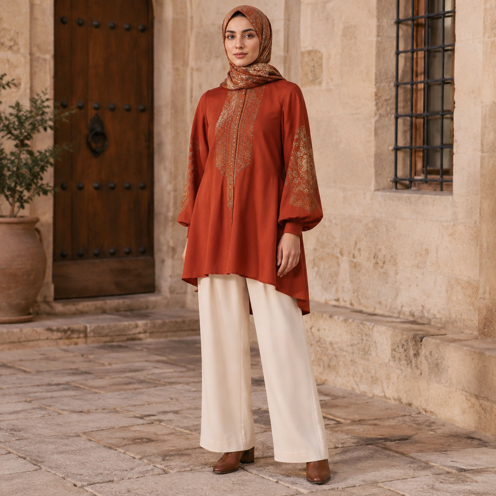 A Female Top design, made of Cotton, in a Bold & Bright color palette, suitable for Fall, shown on a model with olive skin and a petite figure. Consider Turkish fashion — Ottoman-inspired, modest fashion hub, rich textiles, East-meets-West aesthetics. Current season is Autumn in Turkey. Present it as professional fashion catalogue photography: the garment is the subject, shown full-length with editorial styling, neutral posing and tasteful, non-suggestive framing.
photorealistic fashion design, A Female Top design, made of Cotton, in a Bold & Bright color palette, suitable for Fall, shown on a model with olive skin and a petite figure. Consider Turkish fashion — Ottoman-inspired, modest fashion hub, rich textiles, East-meets-West aesthetics. Current season is Autumn in Turkey. Present it as professional fashion catalogue photography: the garment is the subject, shown full-length with editorial styling, neutral posing and tasteful, non-suggestive framing., just the design no text