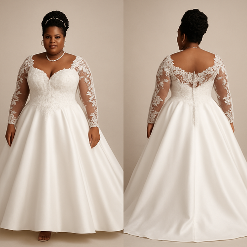 Black woman
Thick woman 
Updo with pearls 
Wedding dress ball gown 
Lace chest melted 
Diamond necklace and diamond bracelet 
Ballroom style dress with flare out 
Breast cut 
Lifted up chest
Lace sleeves with clear designs 
Clear heels