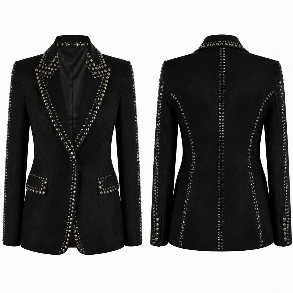 Beyoncé Rock n roll in black leather suede, with metallic round studs
photorealistic fashion design, Beyoncé Rock n roll in black leather suede, with metallic round studs, business style, just the design no text, show front and back