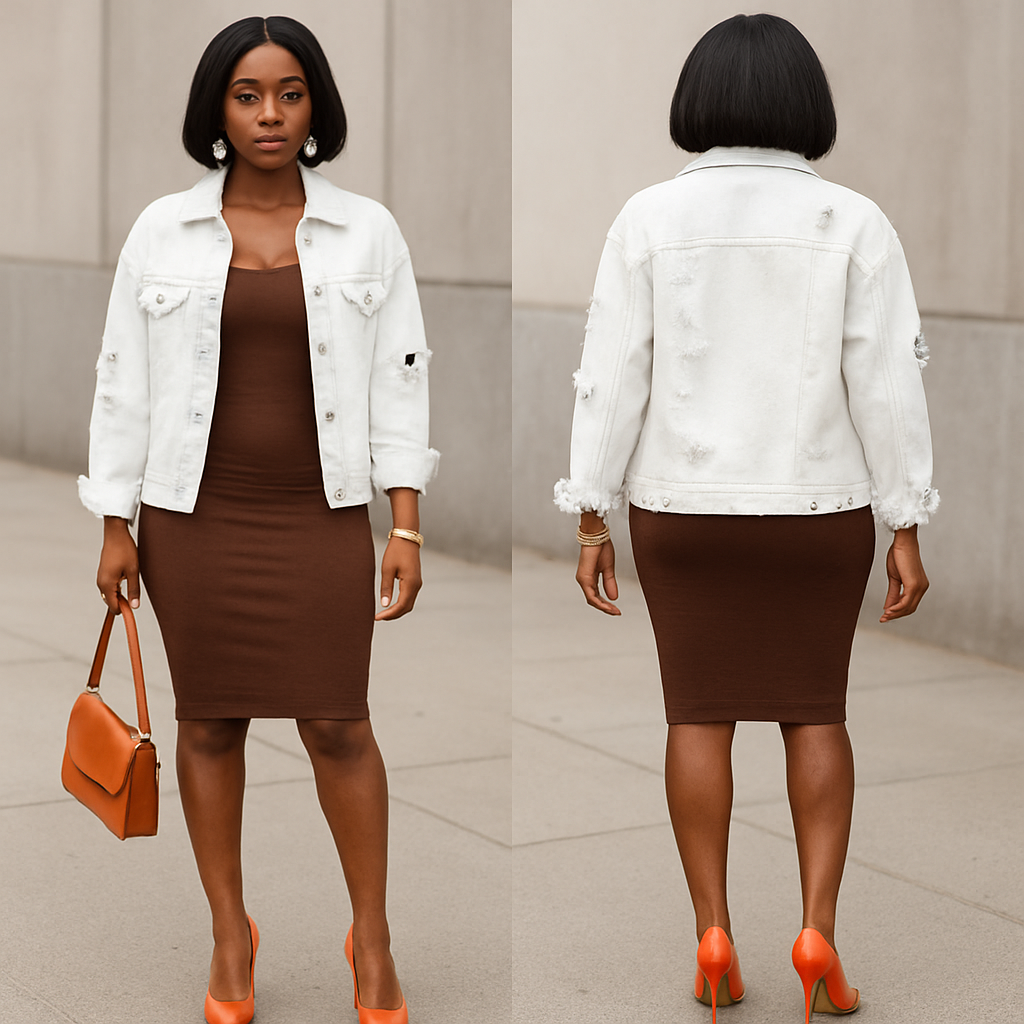 Black woman
Bodycon brown dress
Whitelong ripped jean jacket
White earrings and bracelet
Bob
Orange heels
Orange purse
Black woman
Bodycon brown dress
Whitelong ripped jean jacket
White earrings and bracelet
Bob
Orange heels
Orange purse
, streetwear style, show front and back