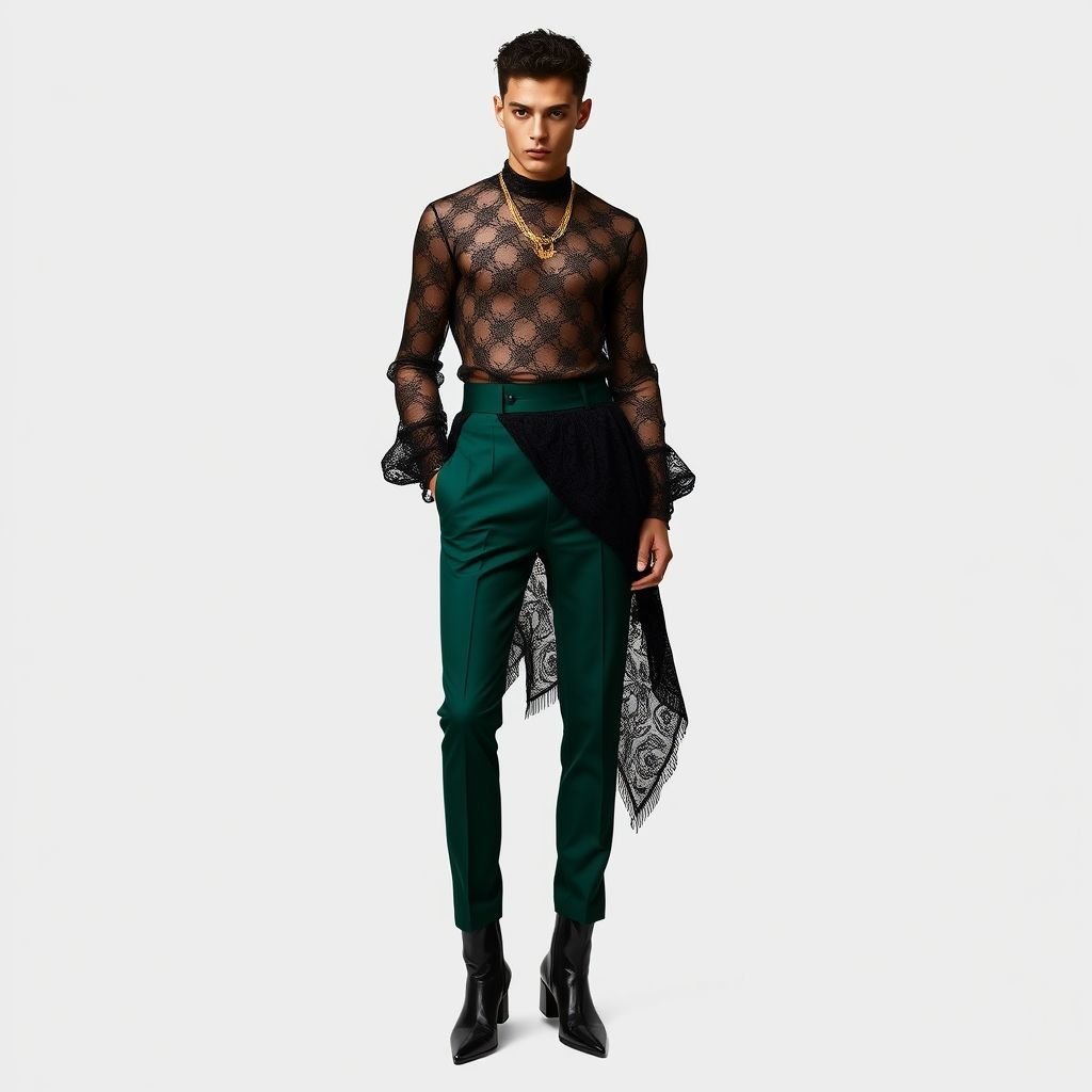Design a lace top with pants for a male
Create an avant-garde male ensemble featuring a sheer, intricately patterned lace top, juxtaposed with tailored high-waisted trousers in deep emerald green. The top should have a dramatic, asymmetrical hem and elongated sleeves, while the pants exhibit a slim-fit silhouette. Accessorize with chunky gold jewelry and sleek ankle boots for an edgy flair.