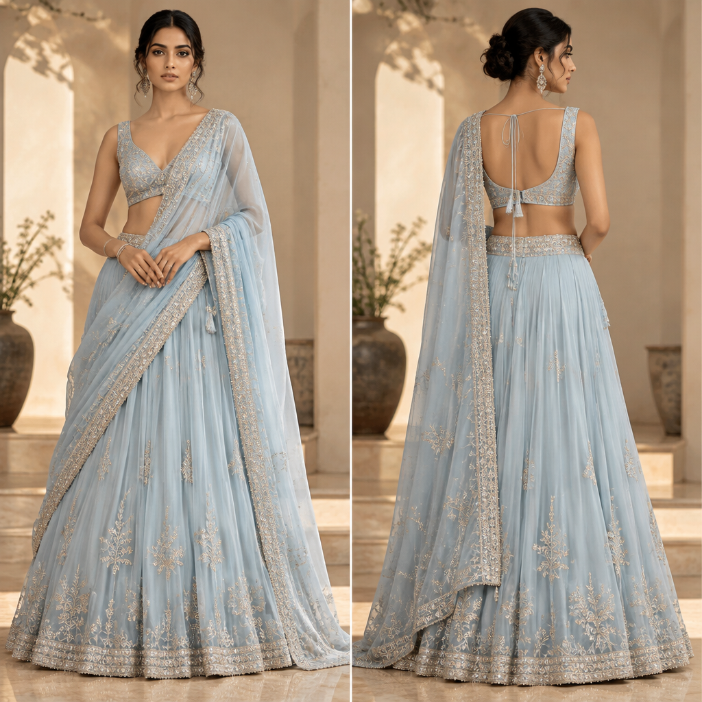 A Lehenga design, made of Silk, with a light, flowing drape, with a Tailored silhouette, in a Pastels color palette, for Festival, suitable for Summer, suited to a Tropical climate, in Elegant + Runway + Indian style, shown on a model with medium skin tone. Традиционное индийское сари из легкого пастельного шелка. Нежно пастельно голубой оттенок, изящное драпированное паллу свободно спадает с плеча, создавая элегантный подиумный силуэт для летнего фестиваля. Традиционная блуза чоли в тон, элегантный образ. Present it as professional fashion catalogue photography: the garment is the subject, shown full-length with editorial styling, neutral posing and tasteful, non-suggestive framing.
photorealistic fashion design, A Lehenga design, made of Silk, with a light, flowing drape, with a Tailored silhouette, in a Pastels color palette, for Festival, suitable for Summer, suited to a Tropical climate, in Elegant + Runway + Indian style, shown on a model with medium skin tone. Традиционное индийское сари из легкого пастельного шелка. Нежно пастельно голубой оттенок, изящное драпированное паллу свободно спадает с плеча, создавая элегантный подиумный силуэт для летнего фестиваля. Традиционная блуза чоли в тон, элегантный образ. Present it as professional fashion catalogue photography: the garment is the subject, shown full-length with editorial styling, neutral posing and tasteful, non-suggestive framing., elegant style, just the design no text, show front and back