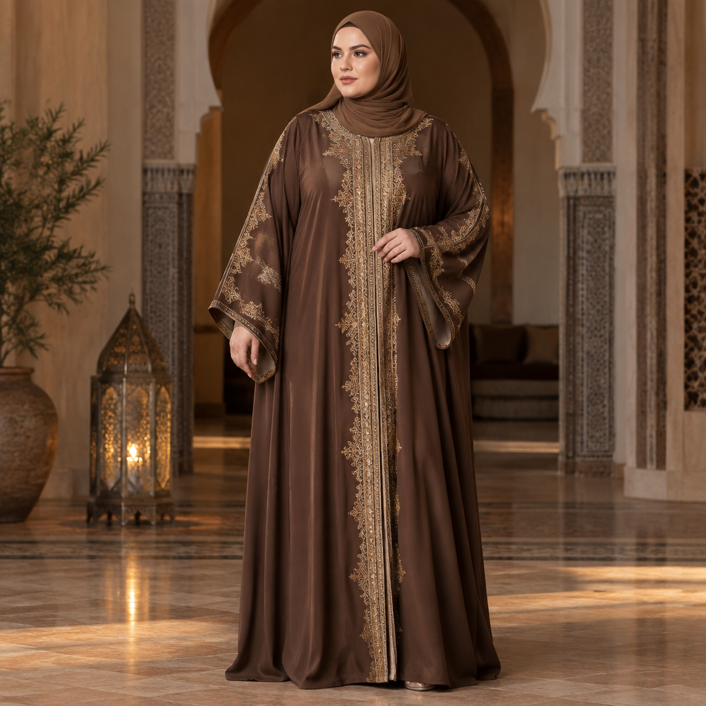 A Abaya design, with a Relaxed silhouette, with modest, full coverage: longer hemlines, higher necklines and covered shoulders, in an Earth Tones color palette, for Wedding, suitable for Fall, shown on a model with light skin and a plus-size figure. Consider Moroccan fashion — caftan, djellaba, intricate embroidery, jewel-toned fabrics. Current season is Autumn in Morocco. Present it as professional fashion catalogue photography: the garment is the subject, shown full-length with editorial styling, neutral posing and tasteful, non-suggestive framing.
photorealistic fashion design, A Abaya design, with a Relaxed silhouette, with modest, full coverage: longer hemlines, higher necklines and covered shoulders, in an Earth Tones color palette, for Wedding, suitable for Fall, shown on a model with light skin and a plus-size figure. Consider Moroccan fashion — caftan, djellaba, intricate embroidery, jewel-toned fabrics. Current season is Autumn in Morocco. Present it as professional fashion catalogue photography: the garment is the subject, shown full-length with editorial styling, neutral posing and tasteful, non-suggestive framing., just the design no text