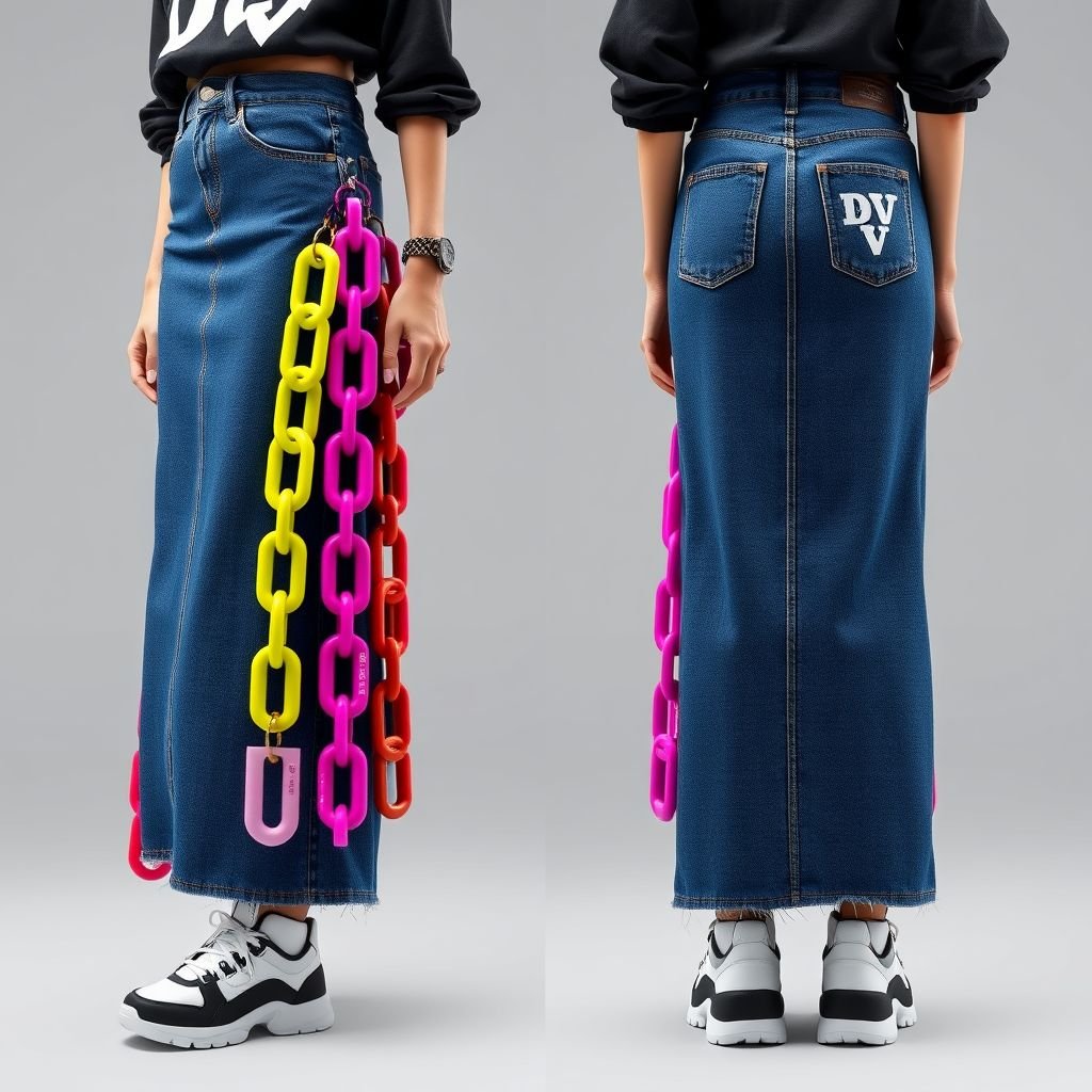 Create a women’s maxi denim skirt with the look of colored chains hanging on side, but “DV” on pocket
Design an edgy women’s maxi denim skirt for streetwear enthusiasts, featuring vibrant, oversized colored chains draping from the side for added texture. Incorporate a bold “DV” logo embroidered on the back pocket, blending urban flair with playful elements. Pair it with graphic tees and chunky sneakers for a complete look.