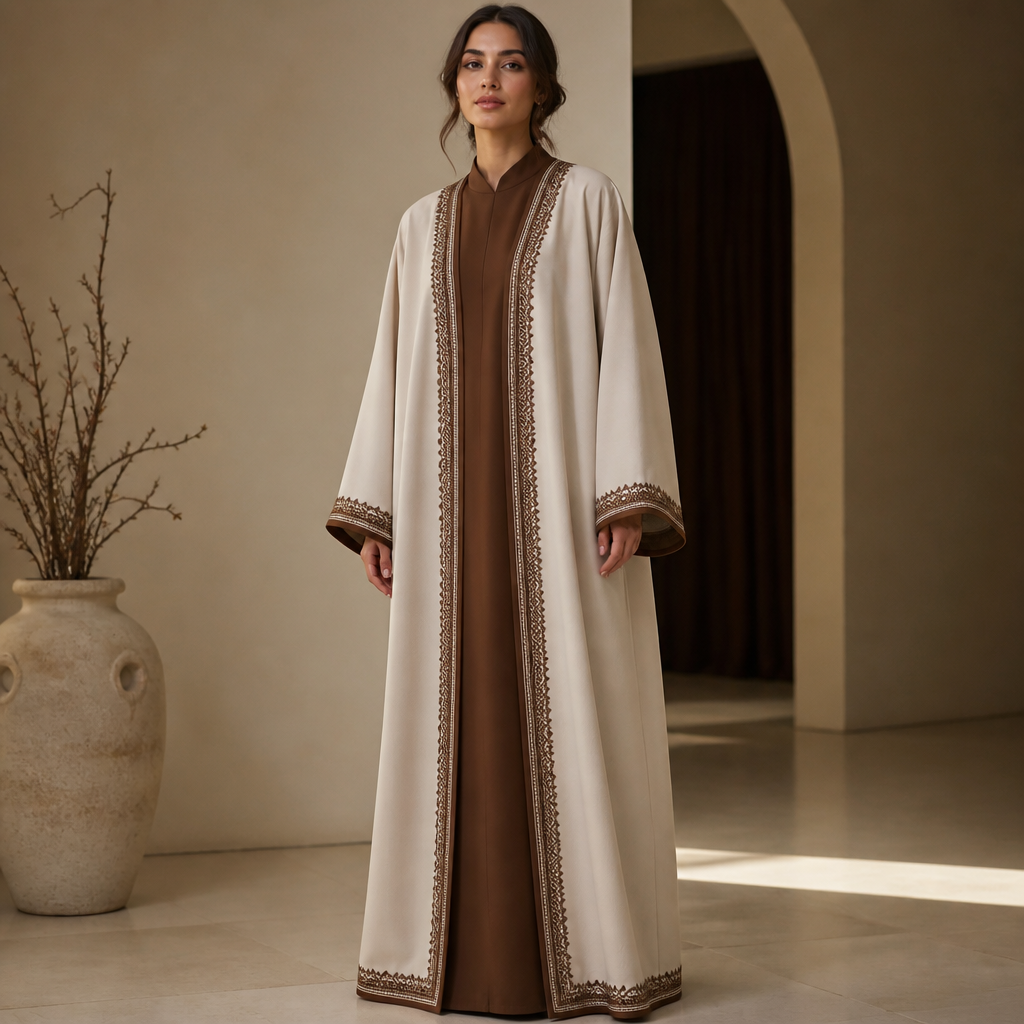 خليلي نفس التصميم فقط غير لون الروبة الداخلية إلى بني. Algeria fashion aesthetics. Present it as professional fashion catalogue photography: the garment is the subject, shown full-length with editorial styling, neutral posing and tasteful, non-suggestive framing.
photorealistic fashion design, خليلي نفس التصميم فقط غير لون الروبة الداخلية إلى بني. Algeria fashion aesthetics. Present it as professional fashion catalogue photography: the garment is the subject, shown full-length with editorial styling, neutral posing and tasteful, non-suggestive framing., just the design no text