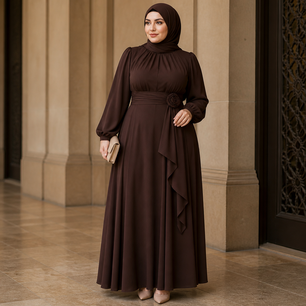 A Female Dress design, with modest, full coverage: longer hemlines, higher necklines and covered shoulders, suitable for Fall, in Elegant style. خلي الفستان ده لبنت ممتلئة مع حجاب شيك بنفس اللون. Egypt fashion aesthetics. Present it as professional fashion catalogue photography: the garment is the subject, shown full-length with editorial styling, neutral posing and tasteful, non-suggestive framing.
photorealistic fashion design, A Female Dress design, with modest, full coverage: longer hemlines, higher necklines and covered shoulders, suitable for Fall, in Elegant style. خلي الفستان ده لبنت ممتلئة مع حجاب شيك بنفس اللون. Egypt fashion aesthetics. Present it as professional fashion catalogue photography: the garment is the subject, shown full-length with editorial styling, neutral posing and tasteful, non-suggestive framing., elegant style, just the design no text
