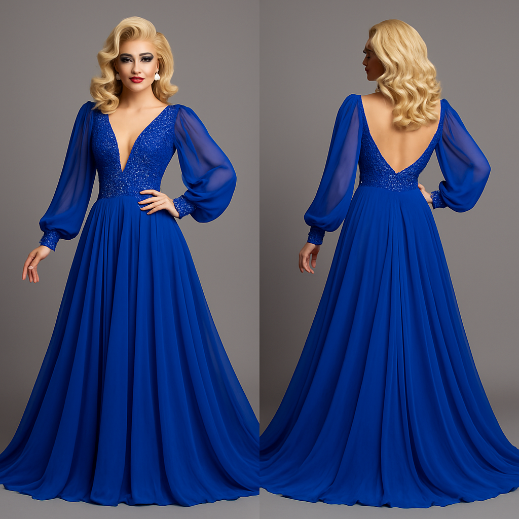 Drag Pageant evening gown, royal blue, chiffon
Drag Pageant evening gown, royal blue, chiffon, glamorous style, show front and back
