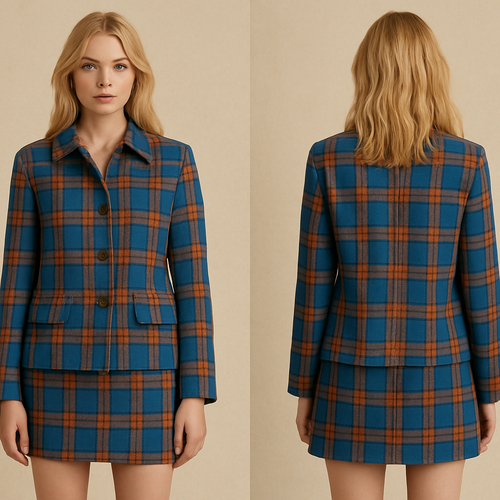 je veux une mannequin blonde qui porte une veste longue manche et une jupe courte et le motif soit carreaux en couleur bleu et orange
